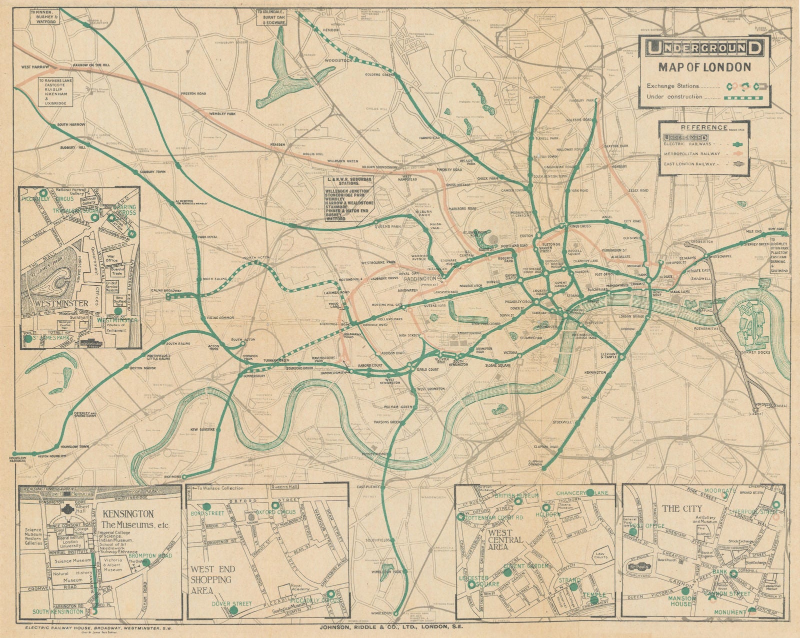 Underground Map of London. Tube network map 1915 old antique plan chart